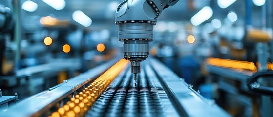 Poster - Robotic arm assembling products on a factory line
