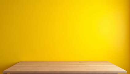 Poster - A simple wooden table stands empty against a dark yellow wall, ideal for displaying products and creating key visuals._00002_