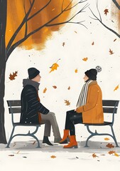 Wall Mural - Couple Sitting On Bench In Autumn Park