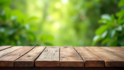 Poster - A reclaimed wood table top with a soft focus of lush greenery in the background for organic product displays._00002_