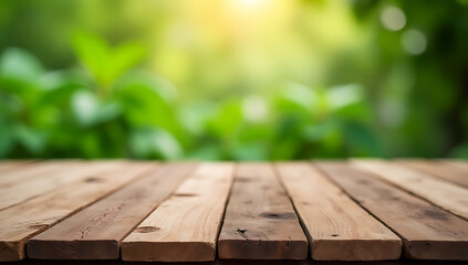 Poster - A reclaimed wood table top with a soft focus of lush greenery in the background for organic product displays._00001_