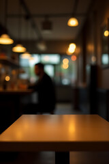 Poster - A plain wooden table stands out against a dimly lit background of a busy cafe atmosphere with few patrons present._00001_