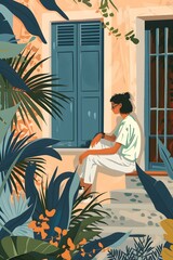 Wall Mural - Woman Sitting by the Window, Illustration