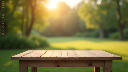 Aufkleber - A minimalist wooden table sits amidst a serene morning garden scene with blurred trees in the background for photography purposes._00001_
