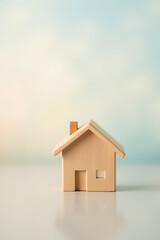Poster - A miniature wooden model of a house with a soft pastel colored sky in the background is created._00001_