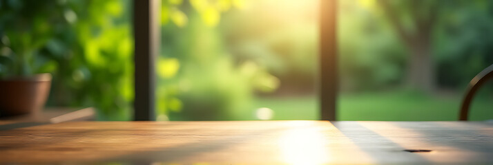 Aufkleber - A green garden is visible through the window at a blurry moment of morning light reflecting off an empty wooden table._00002_