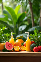 Poster - A fresh and vibrant summer product display is showcased on a wooden counter amidst a lush green tropical garden setting._00001_