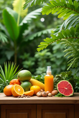 Poster - A fresh and vibrant summer product display is showcased on a wooden counter amidst a lush green tropical garden setting._00002_