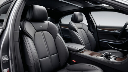 The front seats and headrests in this modern car interior are incredibly comfortable, with sleek black leather upholstery and an elegant design perfect for a luxurious ride