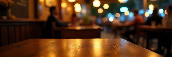 Poster - A blurred wood table is partially visible in the dimly lit background of a bustling nighttime café or restaurant scene._00002_