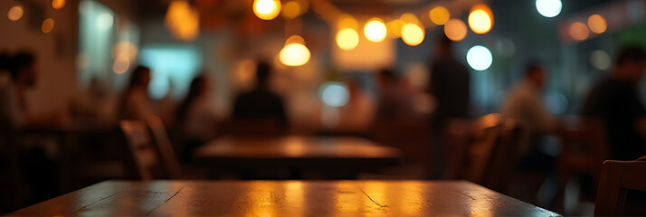 Poster - A blurred wood table is partially visible in the dimly lit background of a bustling nighttime café or restaurant scene._00001_