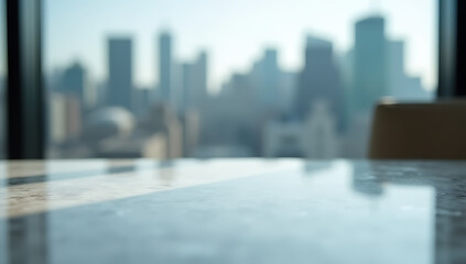 Poster - A blurred cityscape is visible through a frosted marble table top with a subtle blurred window glass effect in the background._00002_