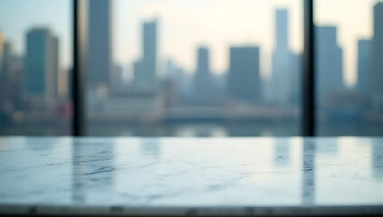 Poster - A blurred cityscape is visible through a frosted marble table top with a subtle blurred window glass effect in the background._00001_
