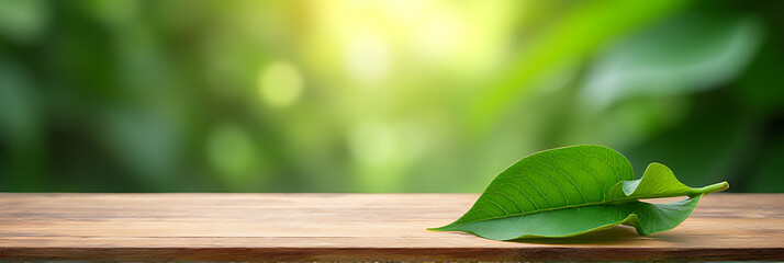 Aufkleber - A beautiful tropical background features a wooden table top empty except for a lush green leaf from the garden._00002_