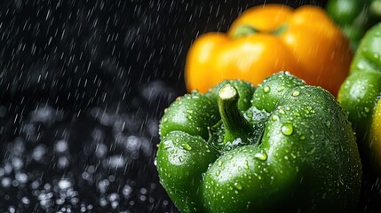 A striking image of fresh green and yellow bell peppers under a shower of rain, demonstrating the natural freshness and vibrant appeal of the produce.