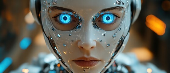Poster - Closeup of a futuristic robotic face with glowing eyes