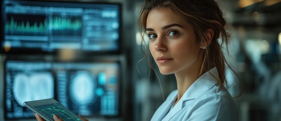 Poster - Scientist analyzing data in a modern laboratory background