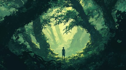 Poster - Lush green forest, figure stands, light ahead.