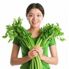 Poster - Smiling young woman holding bunches of fresh celery, promoting healthy eating and lifestyle