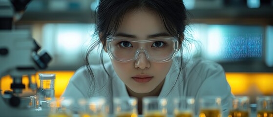 Poster - Young scientist analyzing samples in a laboratory background
