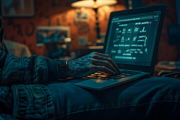 Poster - Person with tattoos using laptop at night.