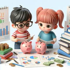 Wall Mural - 3D Kids Savings Strategy concept as Two determined kids strategize their savings plans with piggy banks and charts in a bright organized space highlighting their commitment and financial literacy in a