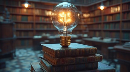 Poster - Glowing light bulb atop old books in a library