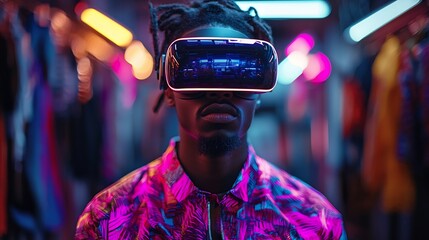 Poster - Fashion Designer Wearing VR Glasses in Digital Workshop Creating Futuristic Clothing Designs with Glowing Fabrics and 3D Tools