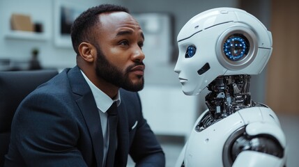 Poster - Man and a humanoid robot engage in conversation