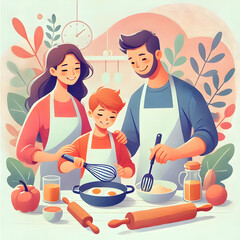 Sticker - Flat Vector Family Cooking Together in Kitchen with Soft Pastel Background for Joyful Scenes and Copy Space