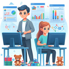 Wall Mural - Flat Kids Managing Toy Inventory System: Two Focused Children Analyzing Data with Charts and Computers in Glossy Background