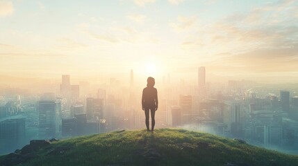 Sticker - Solitary figure overlooks sprawling city at sunrise.