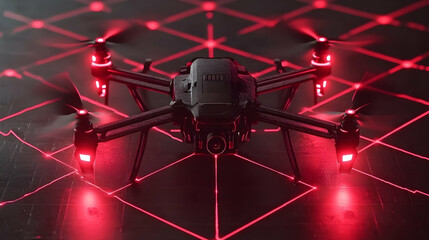Poster - Red-lit drone on grid, futuristic technology concept.