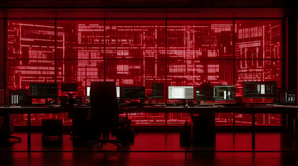 Poster - Red-lit server room with multiple computers displaying data streams on a large screen.