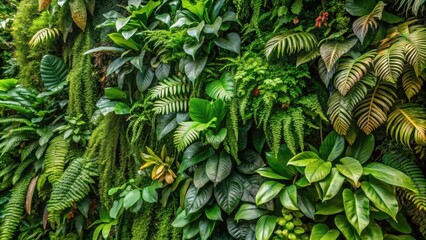 Wall Mural - Lush green foliage of tropical plants and ferns on a living wall, green, foliage, tropical, plants, ferns, living wall