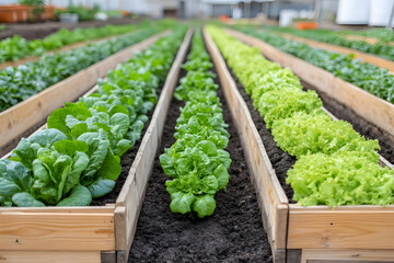 Wall Mural - Rows of lush green lettuce plants growing in raised wooden beds inside a greenhouse.