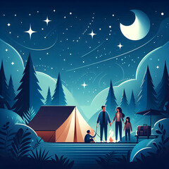 Sticker - Flat Vector Family Camping Under Starry Night Sky, Heartwarming Outdoor Connection, Copy Space for Text, Glossy Illustration