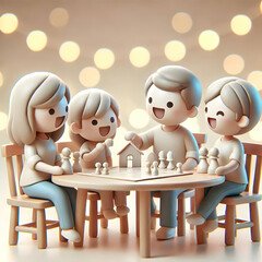 Sticker - 3D Family playing board games soft bokeh background with copy space concept as A heartwarming candid of a family laughing and playing a board game at the dining table. The soft bokeh background enhanc