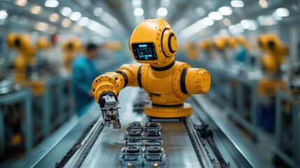 Poster - Robotic arm assembling products in a factory background