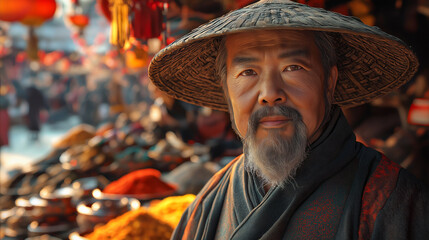 Portrait of a Chinese merchant amidst vibrant market colors and traditional atmosphere