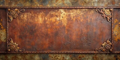 Wall Mural - Rustic Ornate Metal Plate with Weathered Texture and Decorative Corners