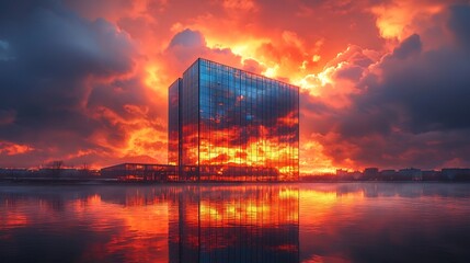 Poster - dramatic skyline reflection modern skyscraper under stormy sunset sky