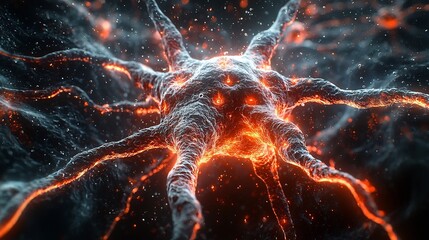 Poster - Glowing Red Tendrils of a Microscopic Virus Cell Attacking a Healthy Human Cell Symbolizing the Rapid Spread of Infection
