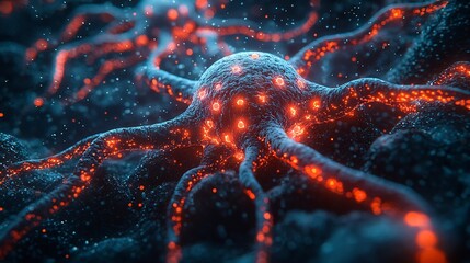 Poster - Microscopic Viral Attack on Healthy Cell with Glowing Red Tendrils Spreading Infection