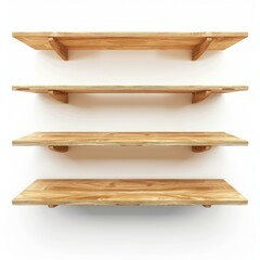 Poster - Four empty wooden shelves are hanging on a white wall, creating a simple and minimalist backdrop