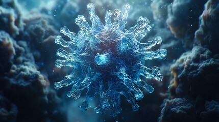 Poster - Glowing Blue Virus Particle Floating in Cosmic Space   Alien Pathogen Threat in Sci Fi Scenarios