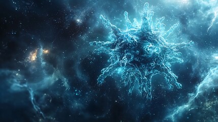 Wall Mural - glowing blue virus particle floating in cosmic sci fi universe
