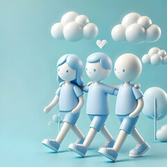 Sticker - 3D Friends walking together in a park glossy blue sky background with copy space concept as A joyful scene of friends walking through a park set against a glossy blue sky background. The simplicity an