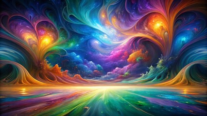 Wall Mural - Vibrant Hues of a Fantastical Landscape with Swirling Clouds and Celestial Bodies