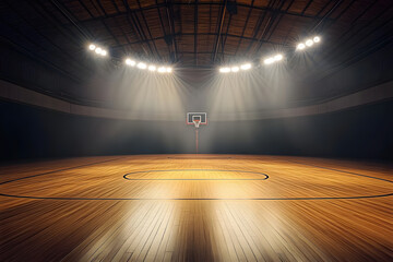 Wall Mural - empty basketball court with spotlights shining down on the wooden floor